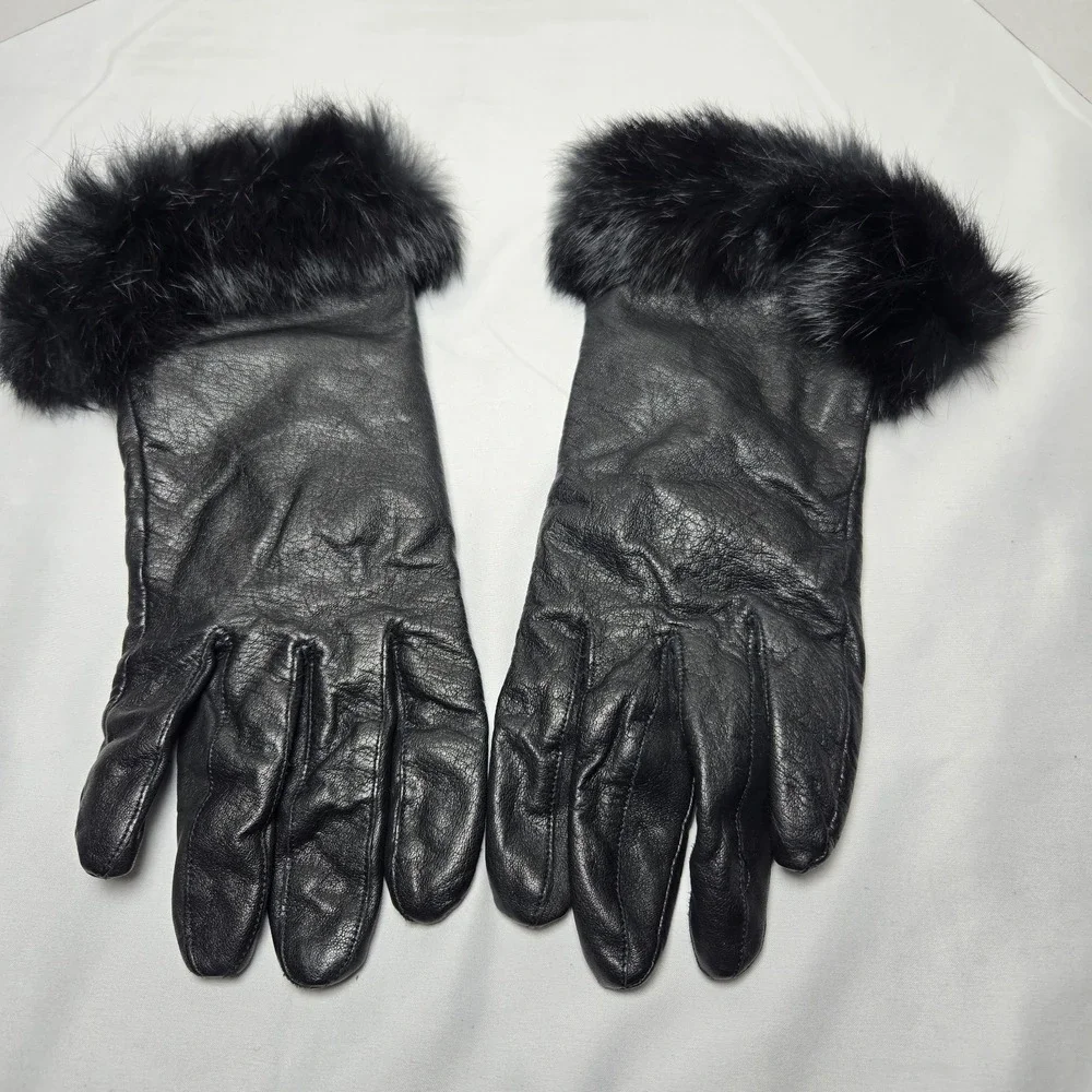 Genuine Cowhide Leather Rabbit Fur Trim Gloves Black Womens Large Quiet Luxury